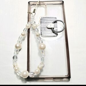 Faux Pearl and White Iridescent  Girly Dainty Beaded Phone Charm Wrist Strap